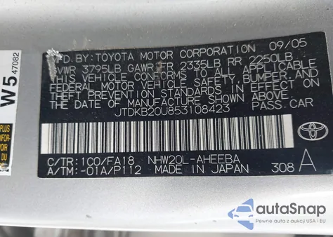 2005 Toyota Prius z USA, uszkodzony, nr VIN JTDKB20U853108423